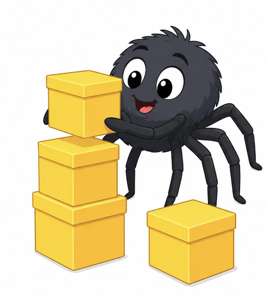 Cartoon spider smiling and stacking yellow square boxes