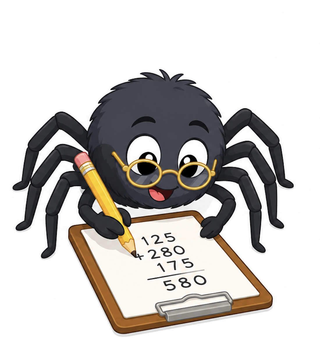 Cartoon spider wearing glasses and writing numbers on a clipboard